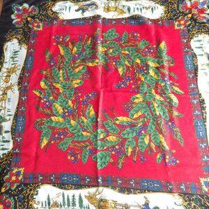 Large Vintage Christmas Scarf/ Wreath/ Winter Scene/ 35" X 35"